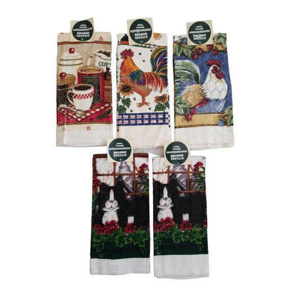 Lot of 5 Colorful Kitchen Towels NOS 100% Cotton Chickens, Cats and Coffee - Picture 9 of 10